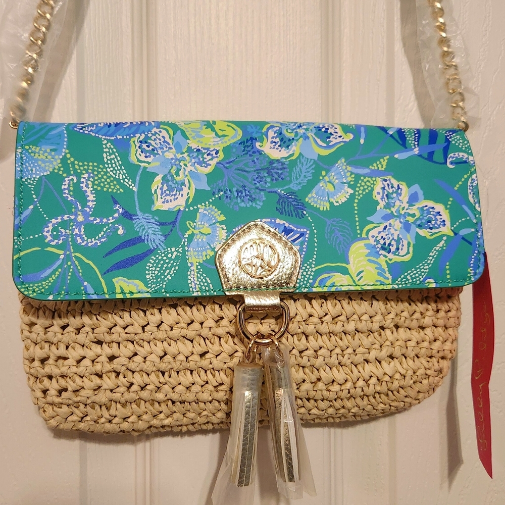 NWT Lilly Pulitzer Straw Crossbody Bag Botanical Green In A Flutter